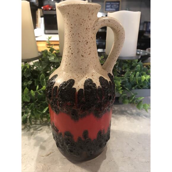 Bay Ceramic Fat Lava Vase, 7120, Fire Red Black Lava Cream Splatter Wear Germany - Picture 1 of 8